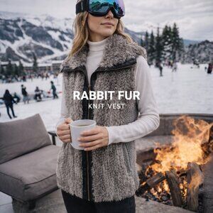 Rabbit Fur Collar Knit Zip Vest Size S Gray Leather Trim Cozy Luxe Layer